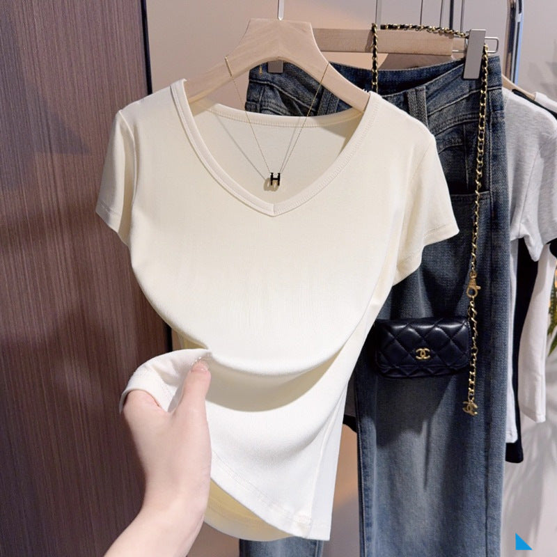apricot v-neck t-shirt women's short-sleeved front shoulder versatile summer high-end bottoming shirt fashion temperament Korean outerwear top