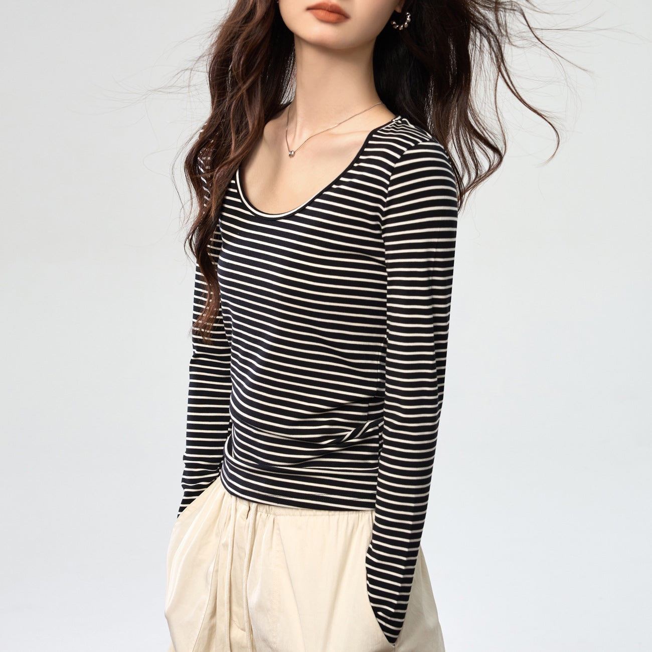 260G Tencel Lyocell Striped Bottom Shirt Women's Long Sleeve T-Shirt 2026 Autumn New Big U-Neck Versatile Shoulder Top