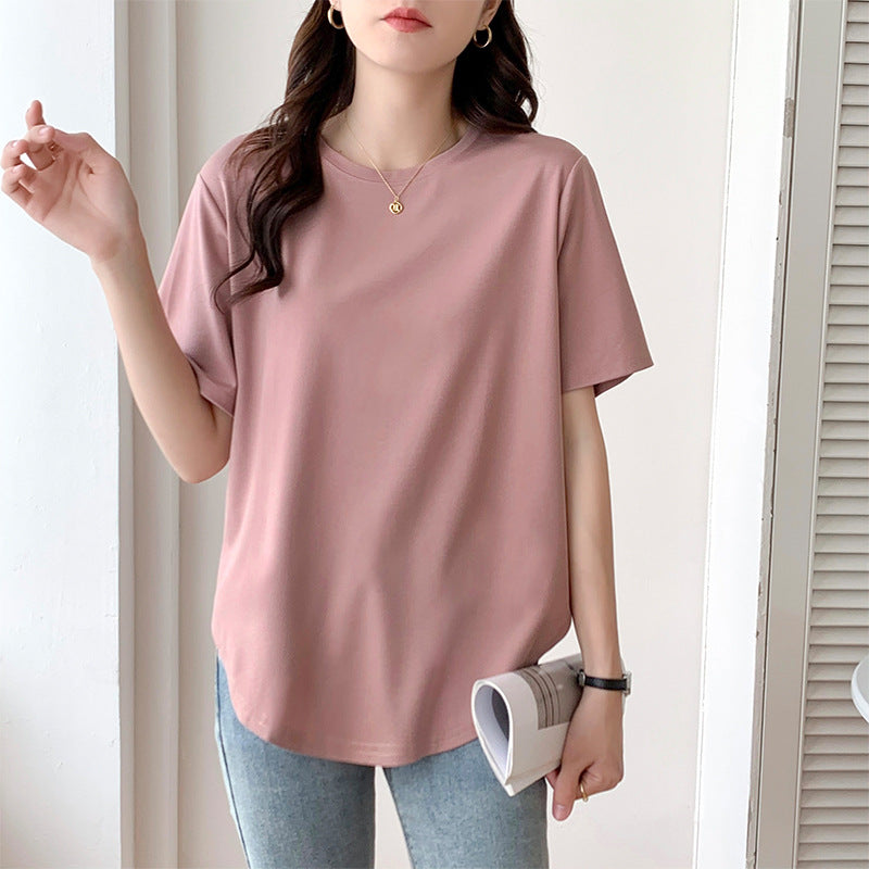 Short-sleeved T-shirt women's loose large version medium and long meat-covered hem curved Roman Tencel half-sleeved ice silk top summer