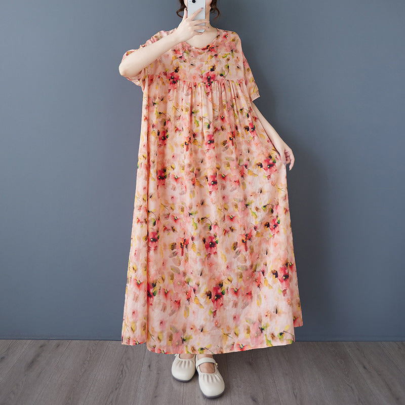 Summer 2025 New Simple Bohemian Fattened Large Short Sleeve Crew Neck Printed Medium and Long Dress Women