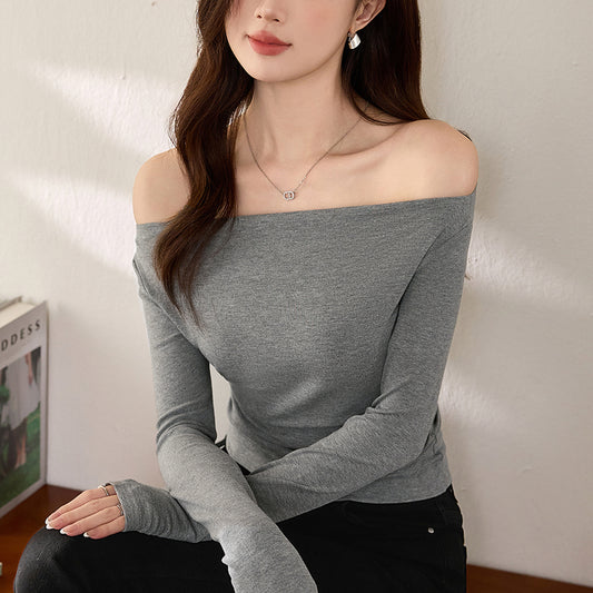 #Excellent selection #One-word shoulder waist pleated temperament off-the-shoulder T-shirt women's autumn long-sleeved new sexy inner top