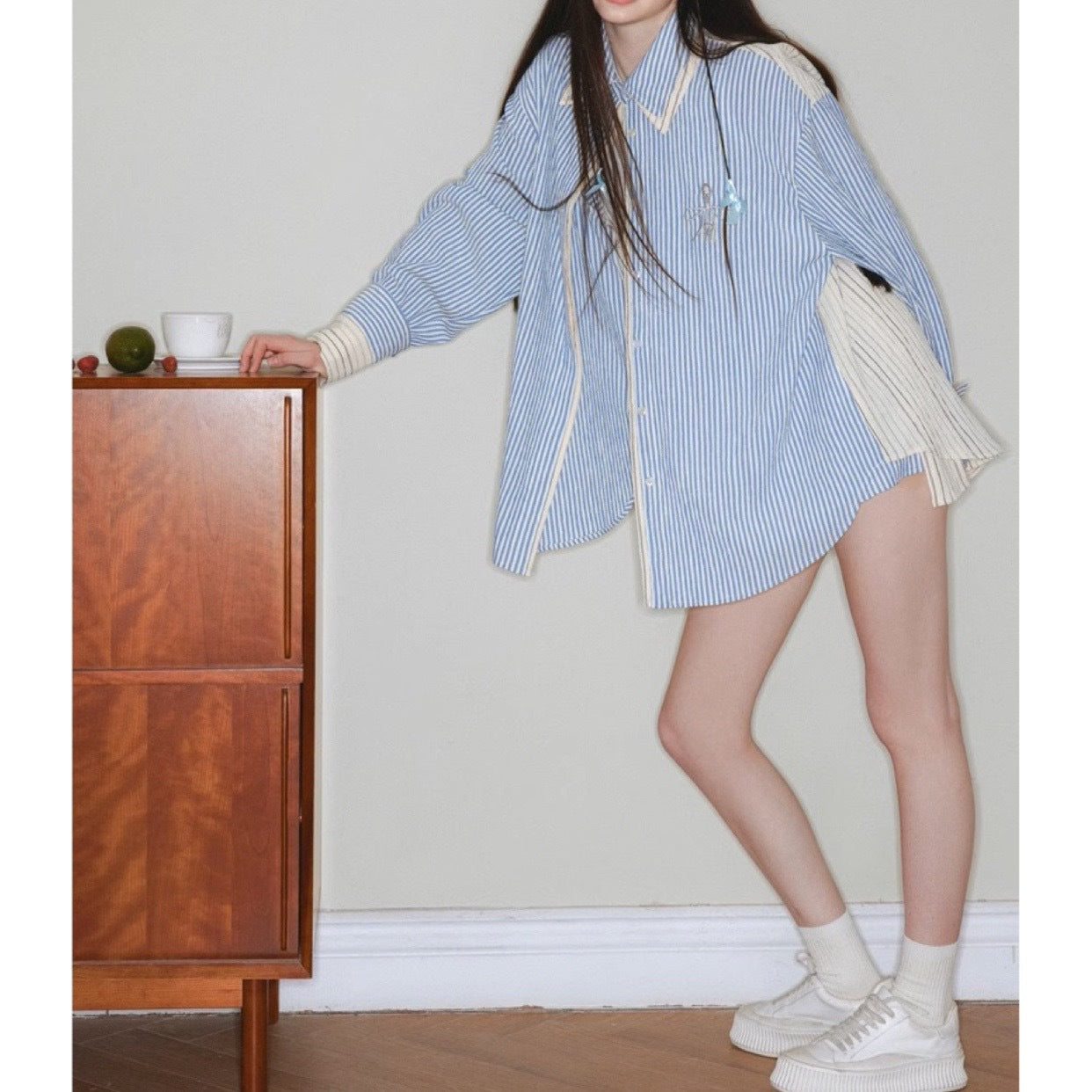 [Bruce Blues] Yu Shuxin's same American retro striped shirt casual loose shorts set