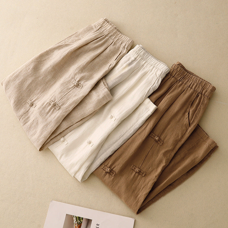 Real shot 2025 summer new literary loose solid color cotton and linen elastic waist buckle Harlan pants nine-point pants women 9031