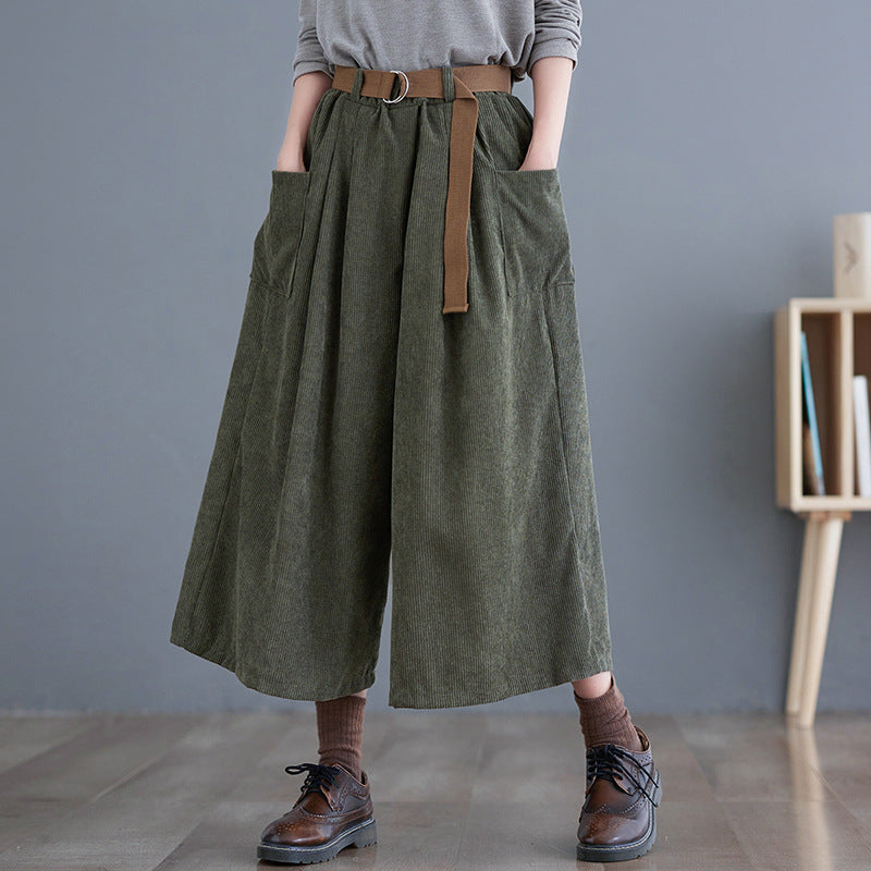 Real shot 2025 spring new corduroy culottes elastic waist belt loose and thin seven-point wide-leg pants women