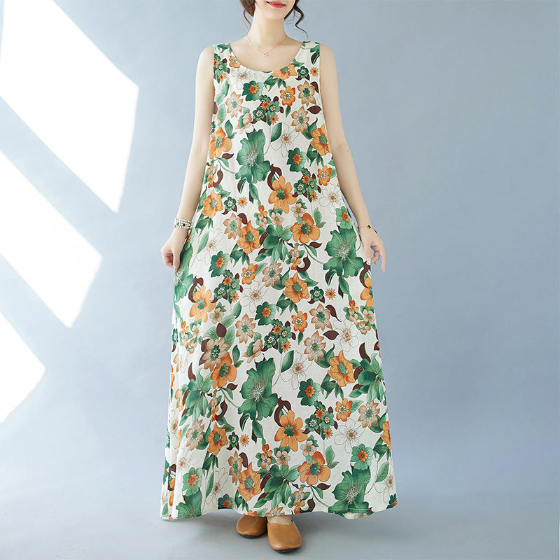 2024 real shot summer new bohemian fattened plus sleeveless crew neck printed medium and long dress women