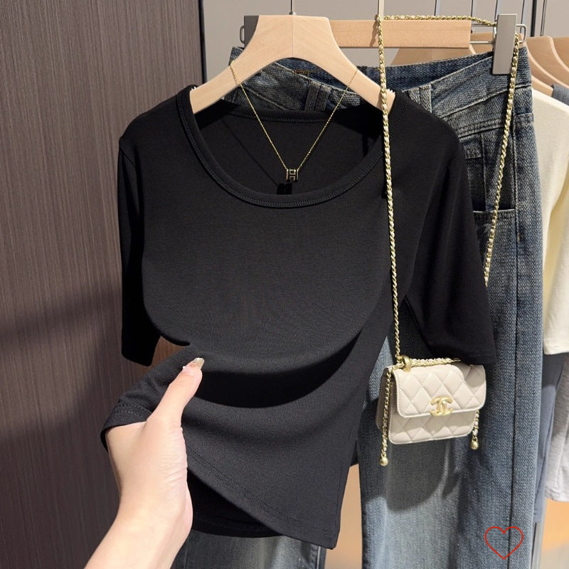 Brown Korean version of five-quarter-sleeved bottoming shirt T-shirt for women's spring and autumn inner half-sleeved U-neck middle-sleeved front-shoulder shirt