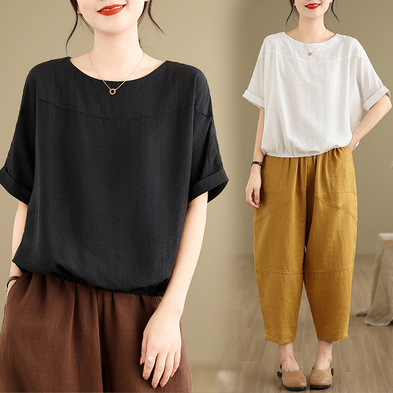 2025 summer new literary and retro loose splicing solid color round neck short-sleeved T-shirt women's top #8593