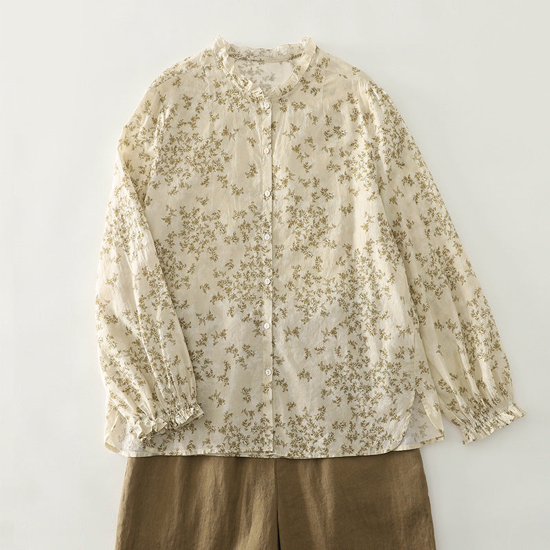 Real shot 2025 autumn new French literary floral lace collar printed shirt top women