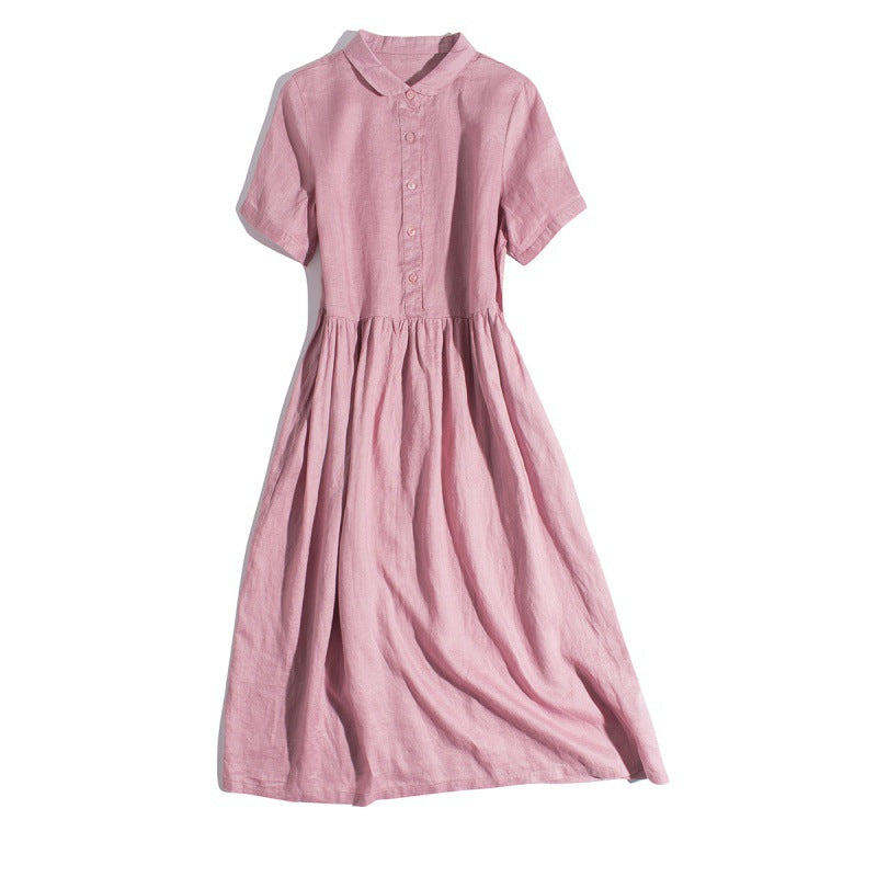 Real shot 2025 summer new literary loose splicing solid color cotton and linen short-sleeved dress women's medium and long 8690 #