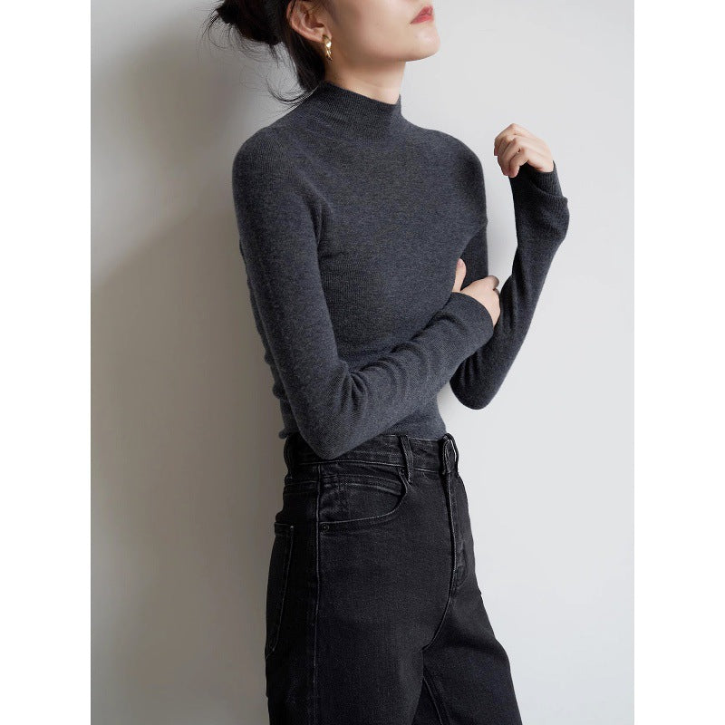 SHALLOW STREAMS autumn and winter seamless one-piece dark gray semi-turtleneck wool knitted sweater women's bottoming shirt top