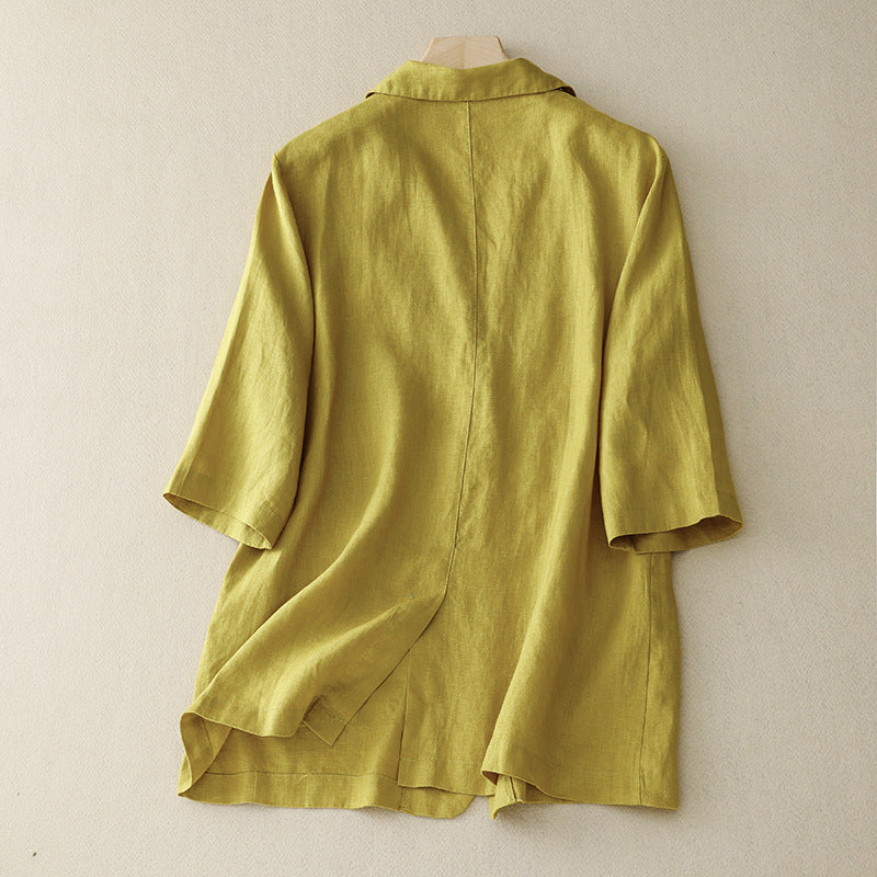 Real shot 2025 summer new literary and retro loose casual seven-quarter sleeve button short jacket women's small suit