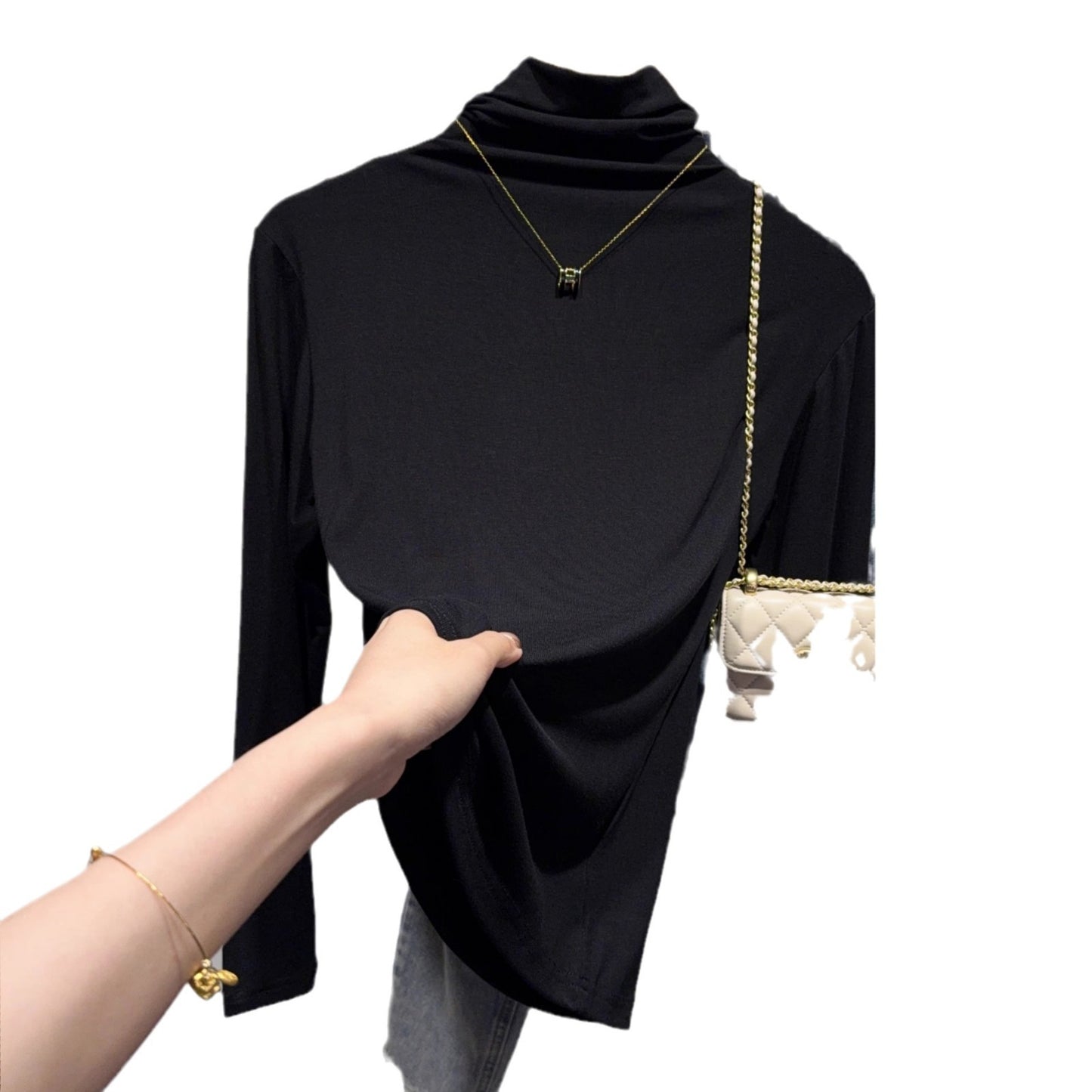 German velvet black turtleneck bottoming shirt for women's inner wear, autumn and winter 2025 new age-reducing and thin long-sleeved velvet thickened top