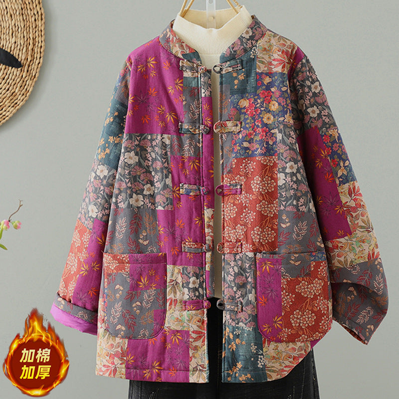 Printed new Chinese style floral cotton clothes women's 2025 new winter buckle cotton jacket