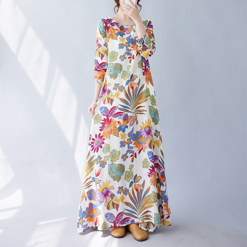 Real shot 2024 autumn new literary large size loose printing round neck long sleeve dress women's long dress 9663 #