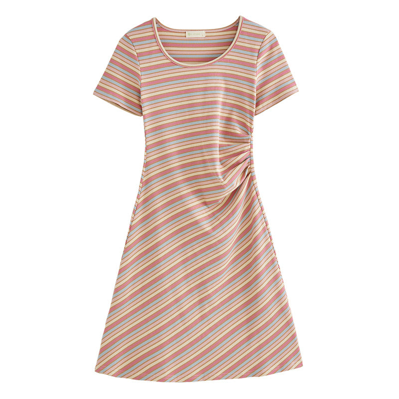 #Combed pure cotton #Warm rainbow striped pleated dress women's 2026 summer waist thin short skirt