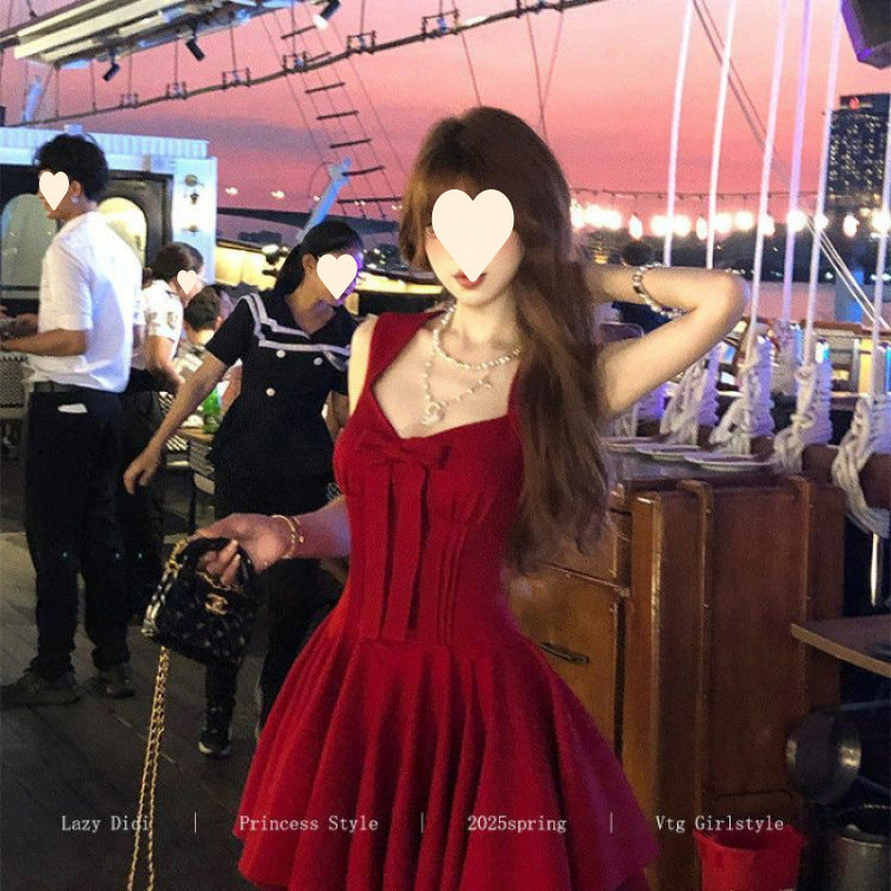 Bow new dress rose life summer premium French daughter waist thin birthday princess short dress