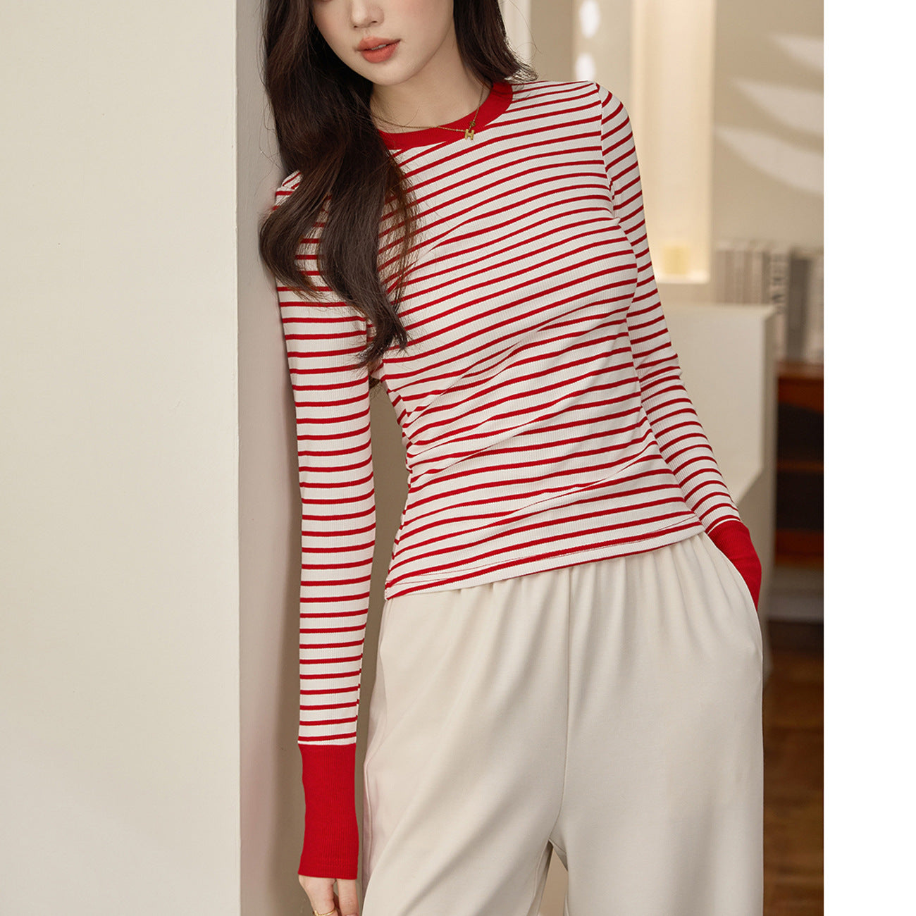#Quality to do high-quality #high-end sense contrasting color striped T-shirt women's long-sleeved 2026 autumn and winter new foreign-style pure cotton bottoming shirt