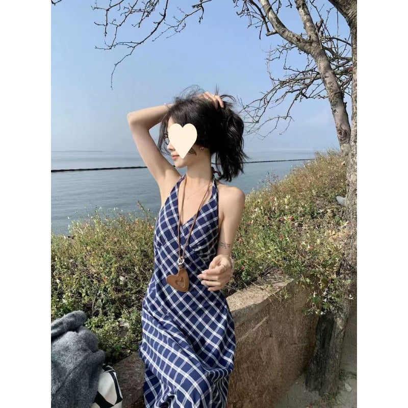 French temperament contrasting color plaid neck suspender skirt women's summer retro high-end dress, thin A-shaped long dress