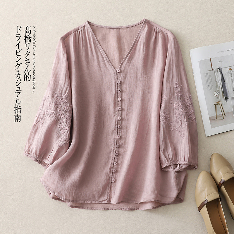 Real shot 2025 summer new literary embroidery button shirt V-neck cardigan cotton and linen shirt top women's clothing