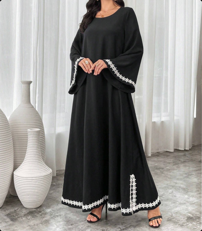 2025 AliExpress Amazon Middle East Dubai Hot Sale Splicing White Lace Crew Neck Slits Dress