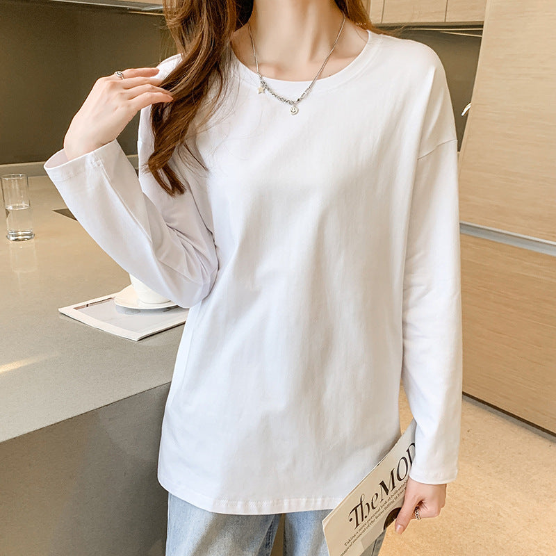 Cotton slit mid-length loose long-sleeved T-shirt base shirt women's crew neck spring and autumn new inner top