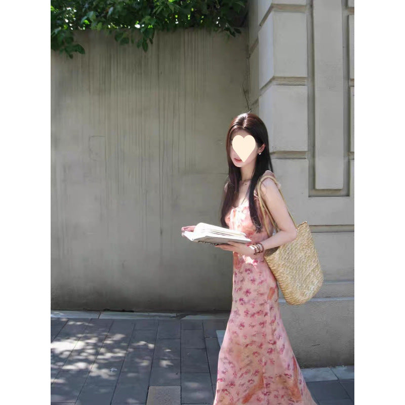 French pink floral suspender dress women's summer 2025 new small temperament waist holiday dress