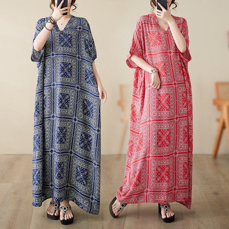 Real shot 20224 spring and summer V-neck thin cotton and linen large size loose literary holiday wind beach skirt retro long robe