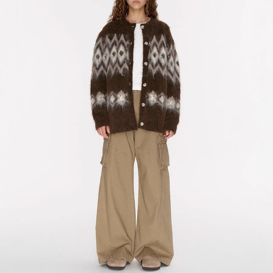 Winter atmosphere wool cardigan, jacquard pulling craft loose Fair Island sweater jacket