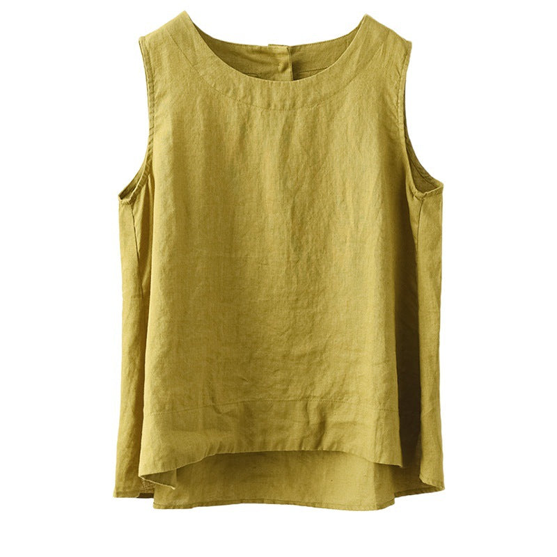 Summer 2024 New Literary Loose Solid Color Crew Neck Sleeveless Vest Women's Top #3702