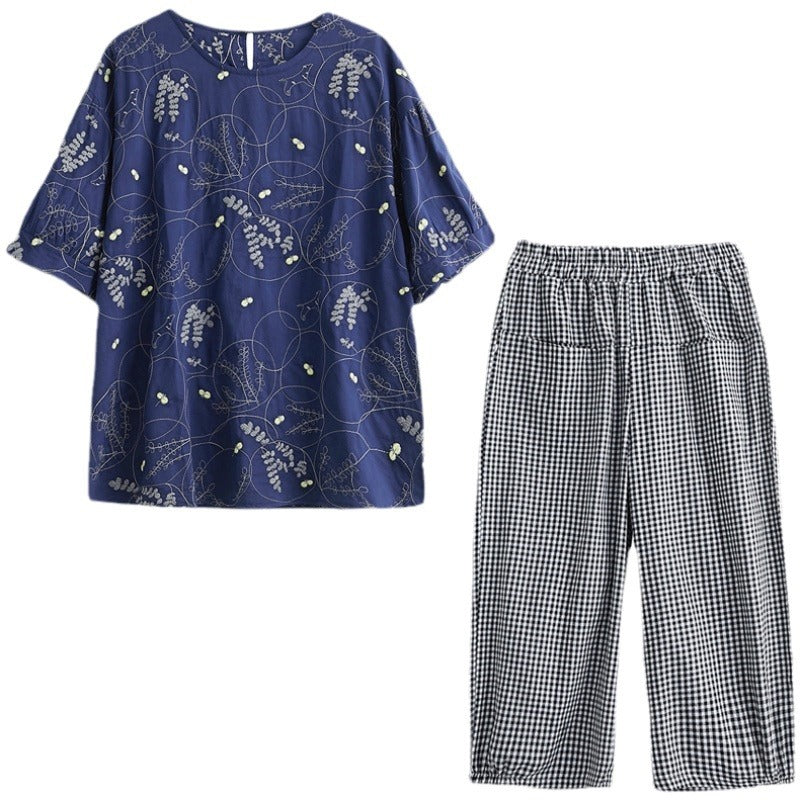 2025 summer new cotton and linen large size literary and retro loose embroidered top + plaid pants set #5541