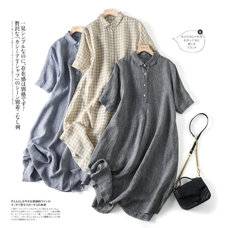 2024 summer new Japanese loose solid color cotton and linen plaid lapel short-sleeved dress women's medium and long #1925 #