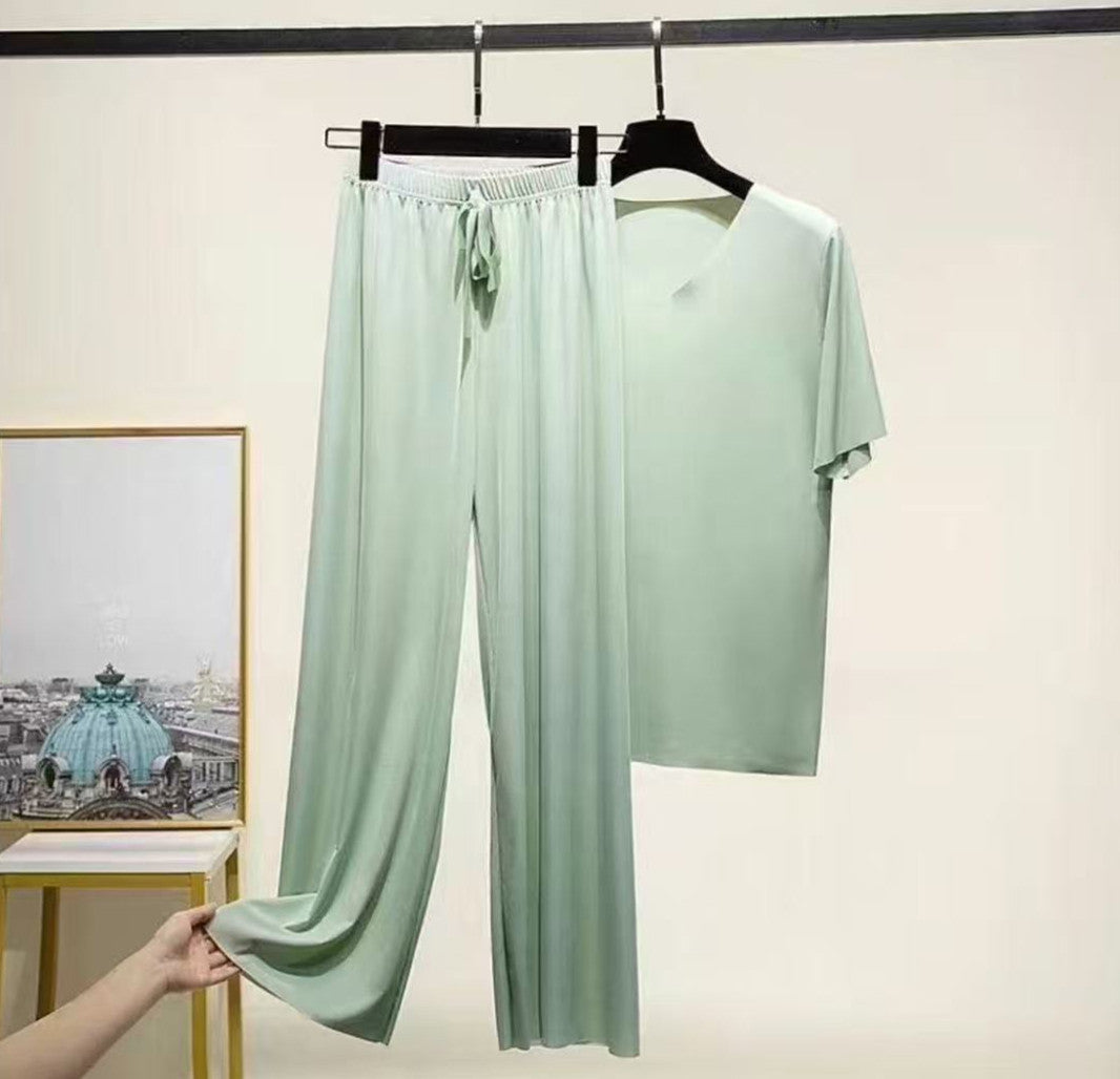 Amazon spring and summer two-piece suit can be worn outside V-neck short-sleeved T-shirt thin solid color loungewear loose wide-leg pants