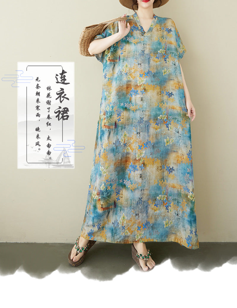 Summer 2025 New Large Size Literary Loose Bohemian Casual V-Neck Short Sleeve Dress Women's Clothing