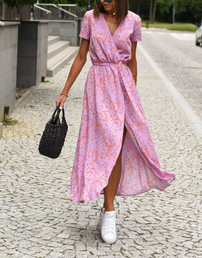 European and American cross-border Amazon printed dress 2025 summer cross-border V-neck split fork medium and long group foreign trade women's clothing