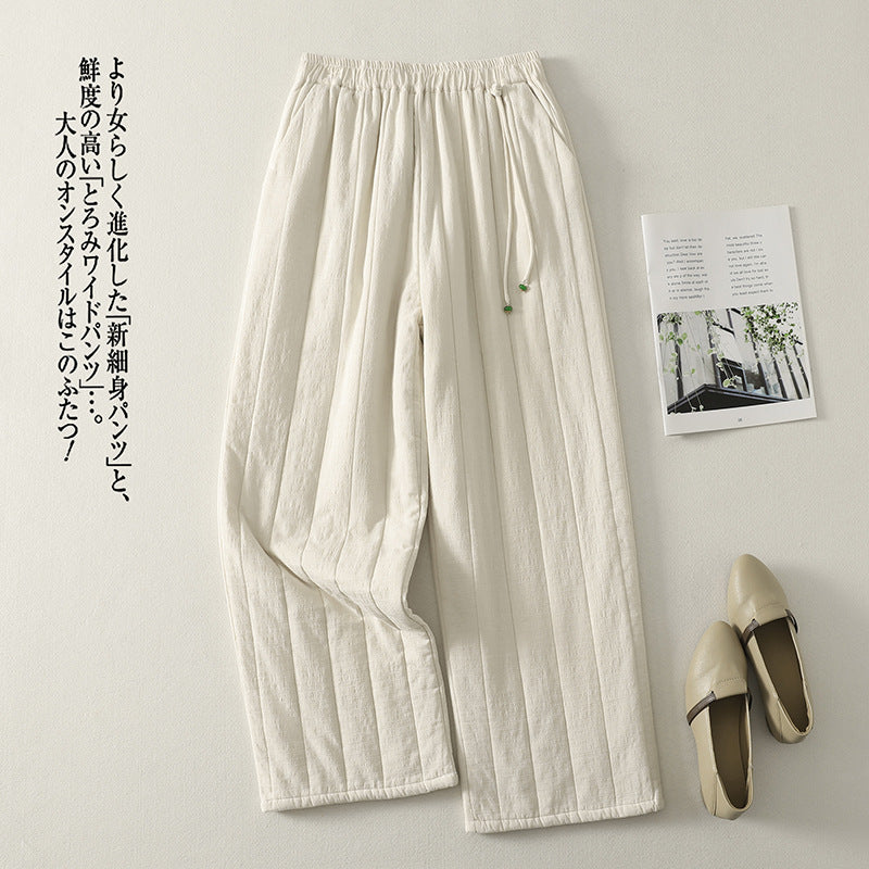 Real shot 2025 winter new literary and artistic simple elastic waist thin warm striped cotton-padded wide-leg pants cotton pants women