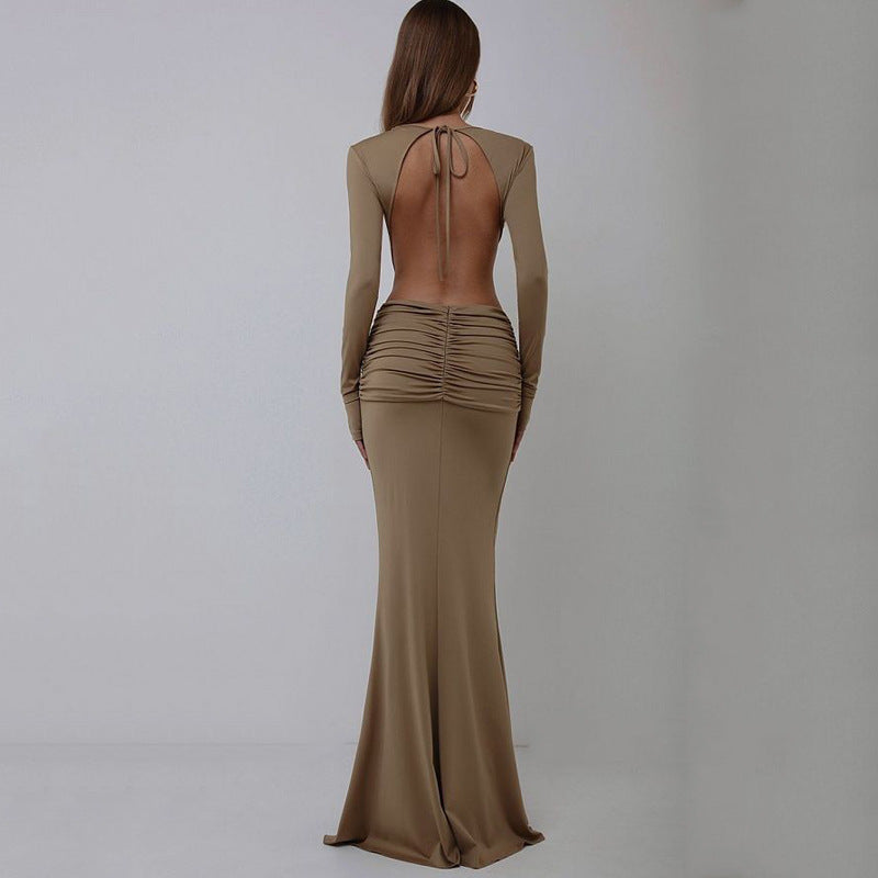 New V-neck backless long-sleeved skirt waist decorative flower split harpoon tail dress dress long solid color long dress