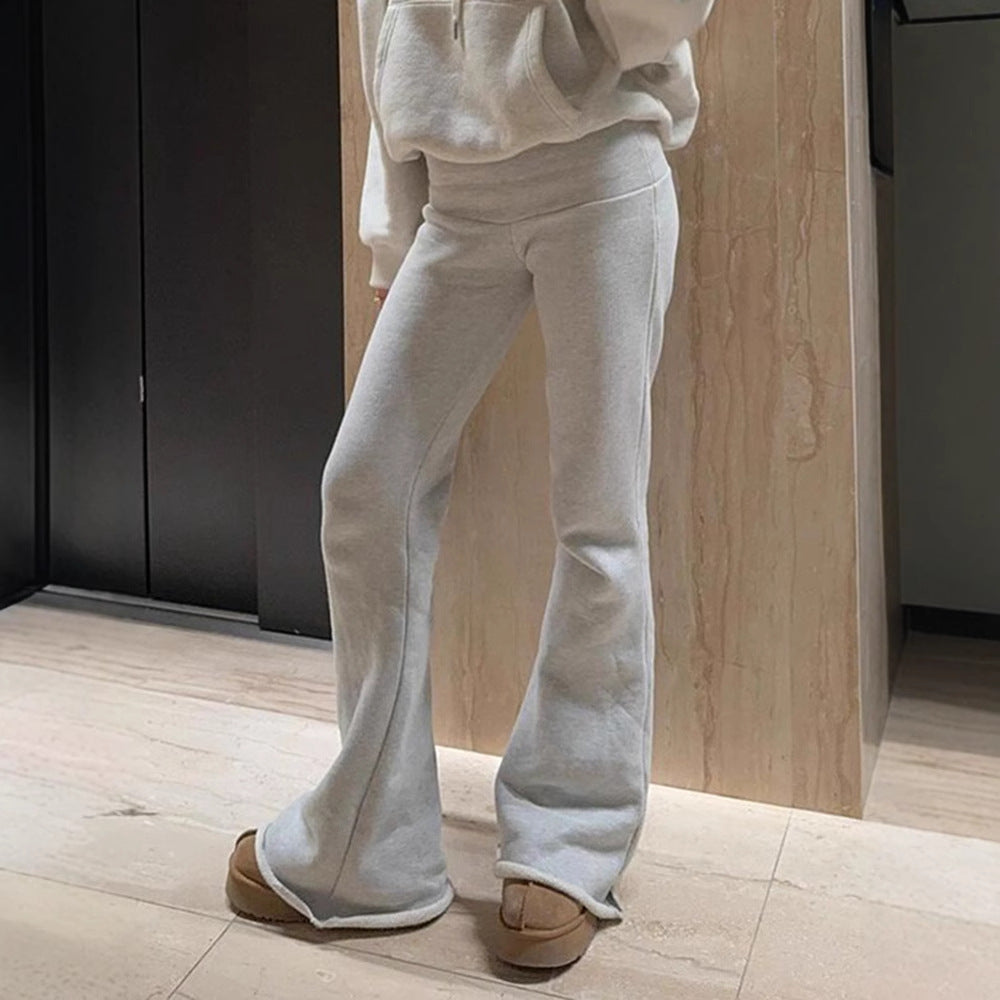 American street basic solid color high waist micro pull sports leggings turn waist wide waist thin casual sweater pants