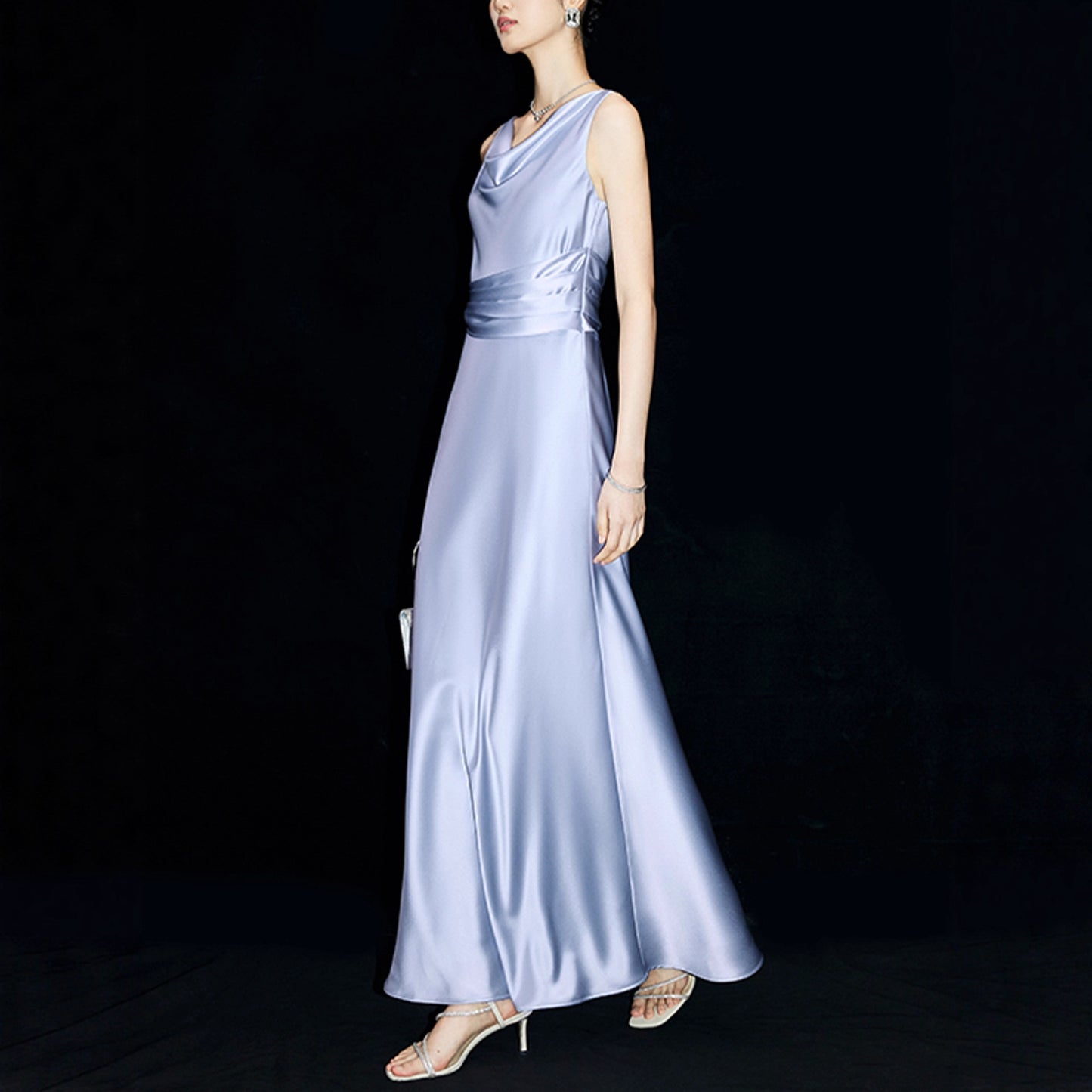 Haute couture imported acetic acid light luxury swinging collar summer temperament celebrity style royal sister feeling glossy pleated waist dress