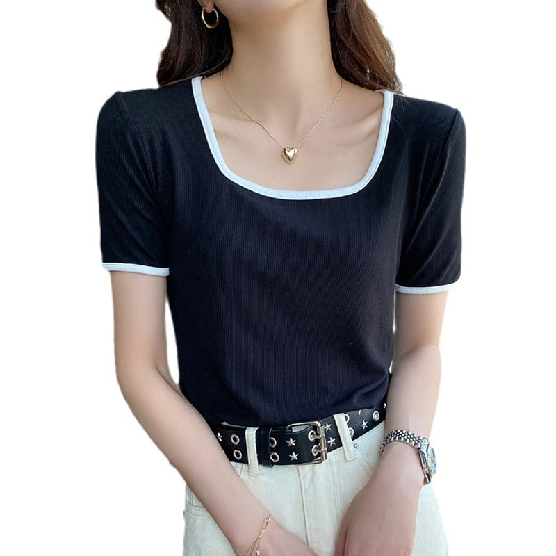 Selection of high elastic threaded cotton square neck short-sleeved t-shirt for women's 2026 summer new front shoulder versatile bottom top