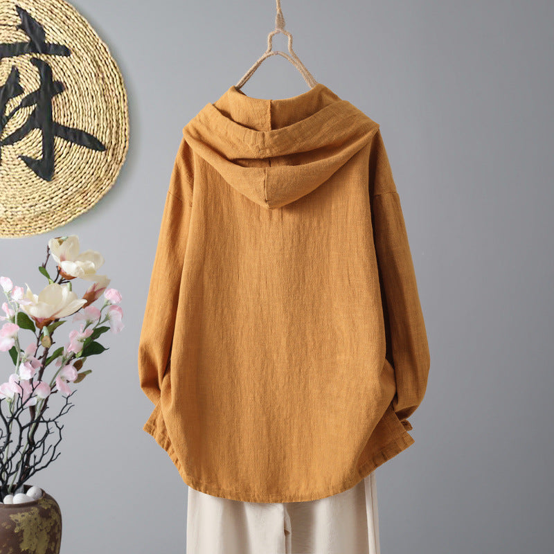 Real shot 2025 autumn new retro buckle new Chinese women's long-sleeved cotton and linen top hooded pullover sweater