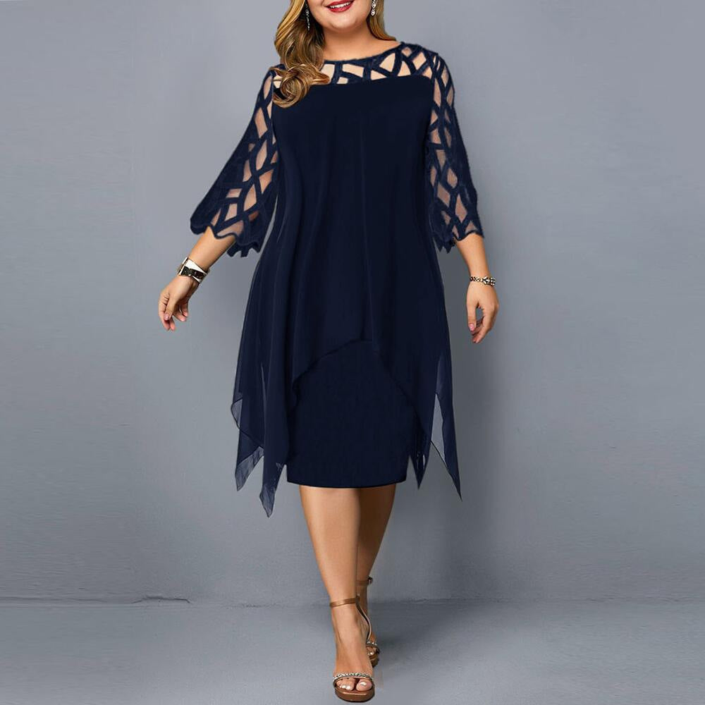 2025 Amazon AliExpress European and American lace splicing seven-quarter sleeve irregular hem chiffon dress spot