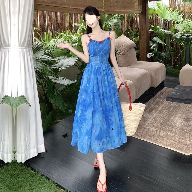 Holiday style blue suspender dress children's summer French lace splicing design waist pinch thin floral dress