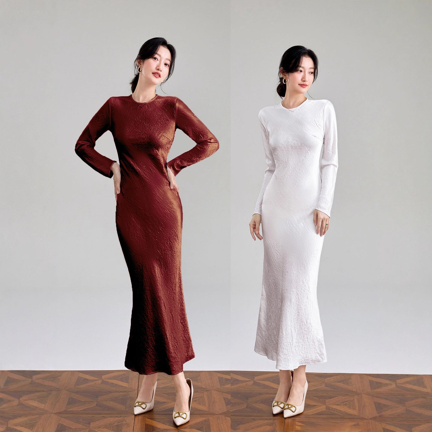 Haute couture 100% acetic acid, spring and autumn French elegance temperament fashionable pole extreme sense satin pleated long-sleeved dress women