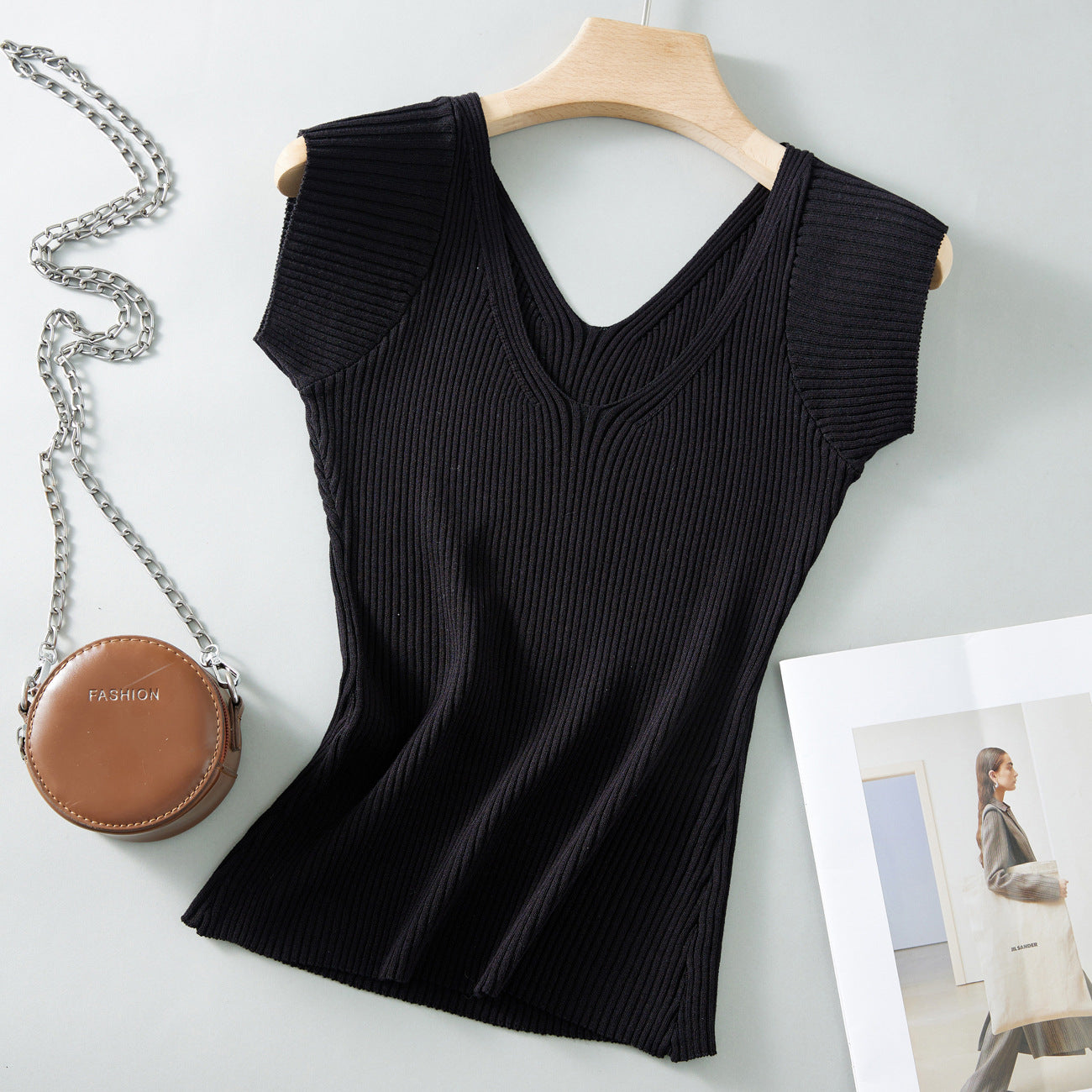 #Two wear V-neck #show chest big waist thin small spice girl flying sleeve ice silk short sleeve women's summer pit strip knitted T-shirt pure desire top