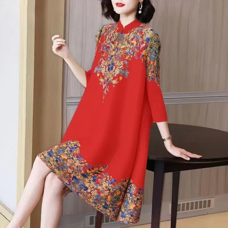 Korean version of foreign style mother loose large size stand-up collar improved cheongsam spring new retro elegant medium and long dress
