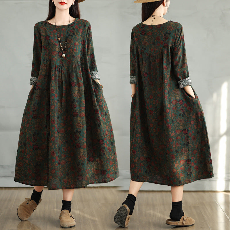 The real shot is the new cotton and linen printed long-sleeved dress in the spring of 2025. Women's loose large-size thin splicing A-shaped skirt