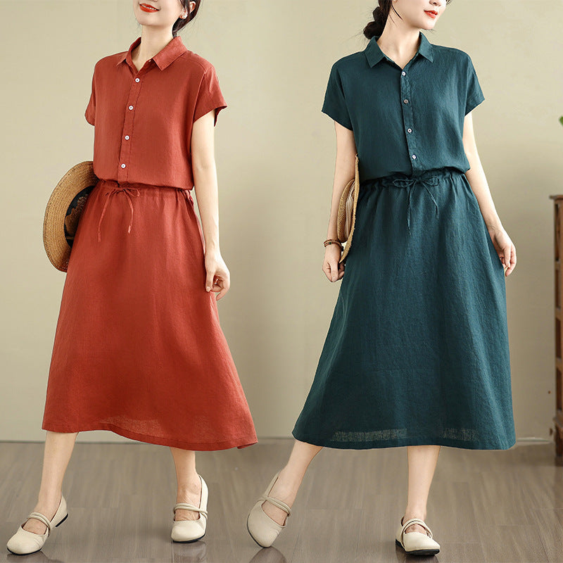 Real shot 2025 summer new cotton and linen shirt dress short sleeve lapel simple commuter shirt skirt women's clothing