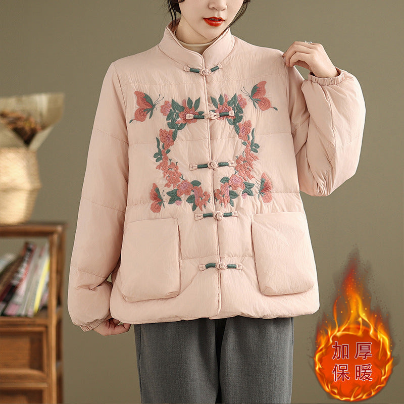 Real shot original winter 2025 new down cotton heavy industry embroidered stand-up collar cotton jacket women's light national style buckle jacket