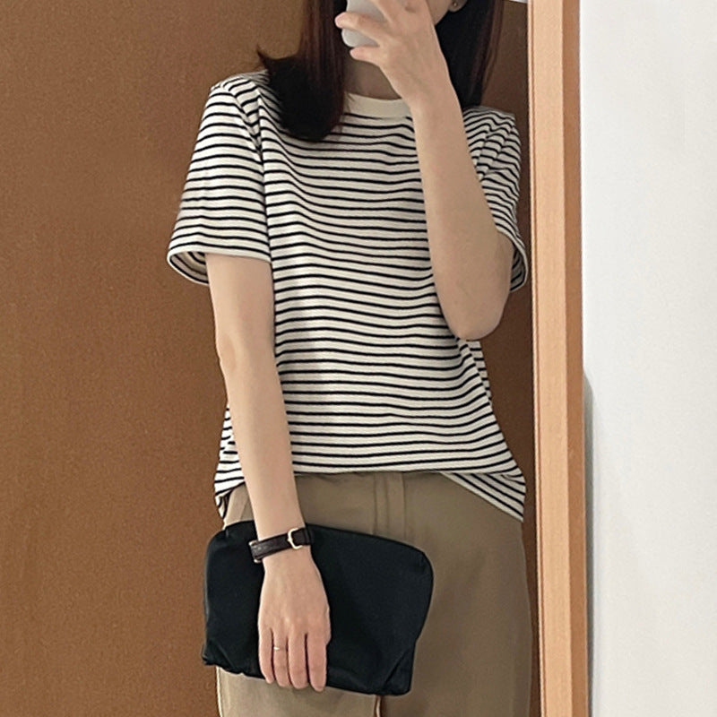Selection of pure cotton black and white striped short-sleeved t-shirt women's summer 2026 new Korean version of round neck loose and thin versatile top