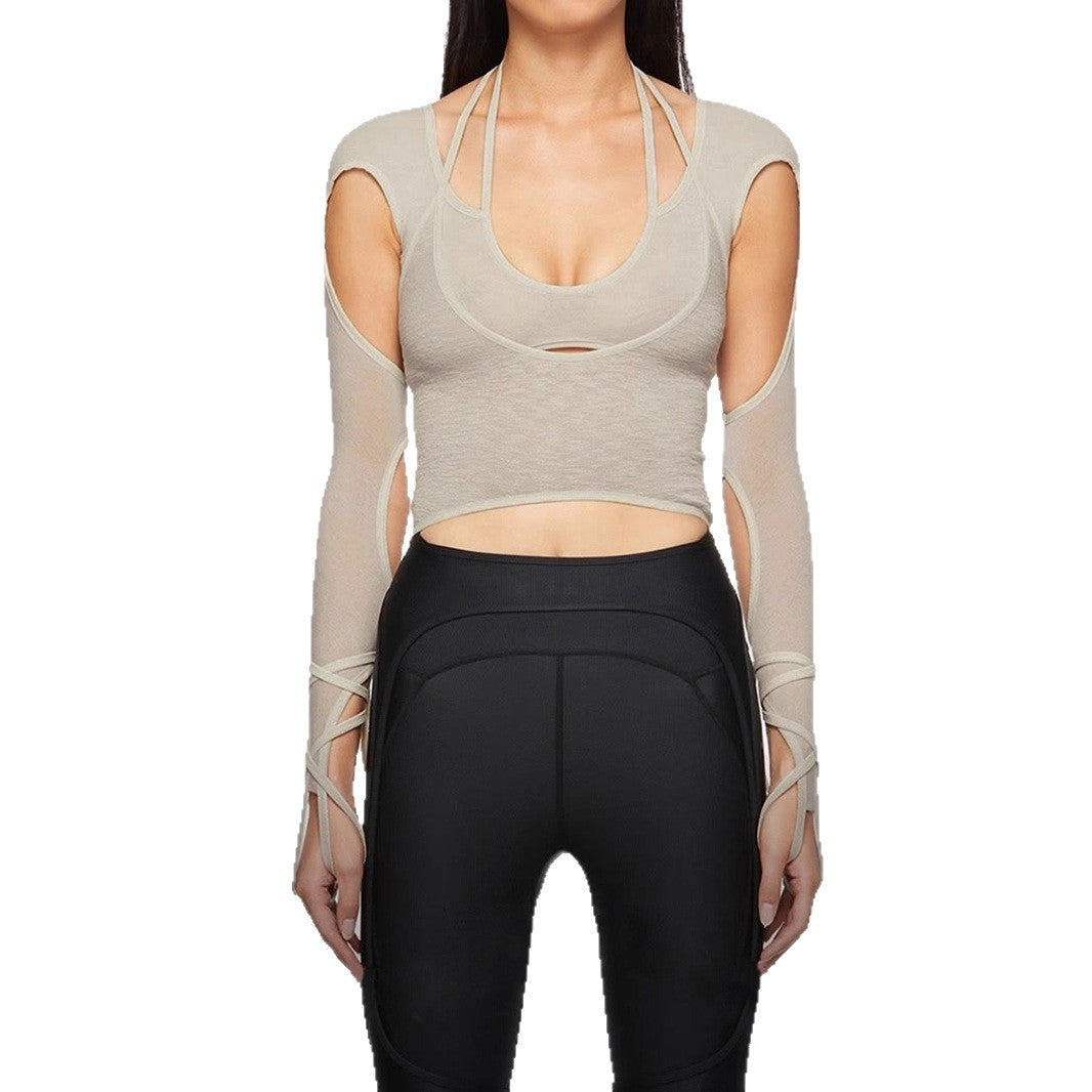 Structural hollowed-out fake two-piece long-sleeved T-shirt, star with the same design, Spice Girl style high-waisted short top